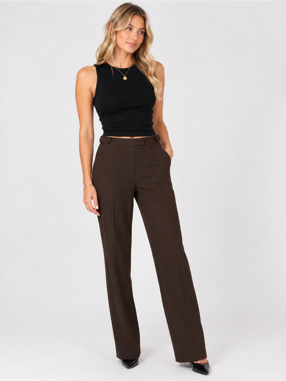 Suzy Shier Dark Brown High-Rise Straight Leg Trousers